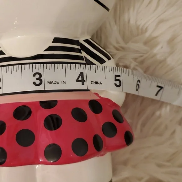 Hello Kitty Ceramic Coin Bank 8" Tall. Pink Polka Dot Skirt, Striped Blouse - Picture 10 of 10